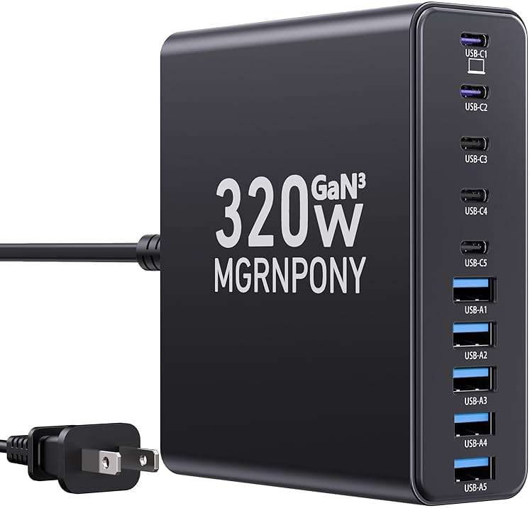 320W USB C Charger Block, 10-Port USB C Charging Station GaN III PD 65W Laptop Fast Charger Adapter for MacBook Pro/Air, DELL, iPad, iPhone, Samsung Galaxy Black - Image 1