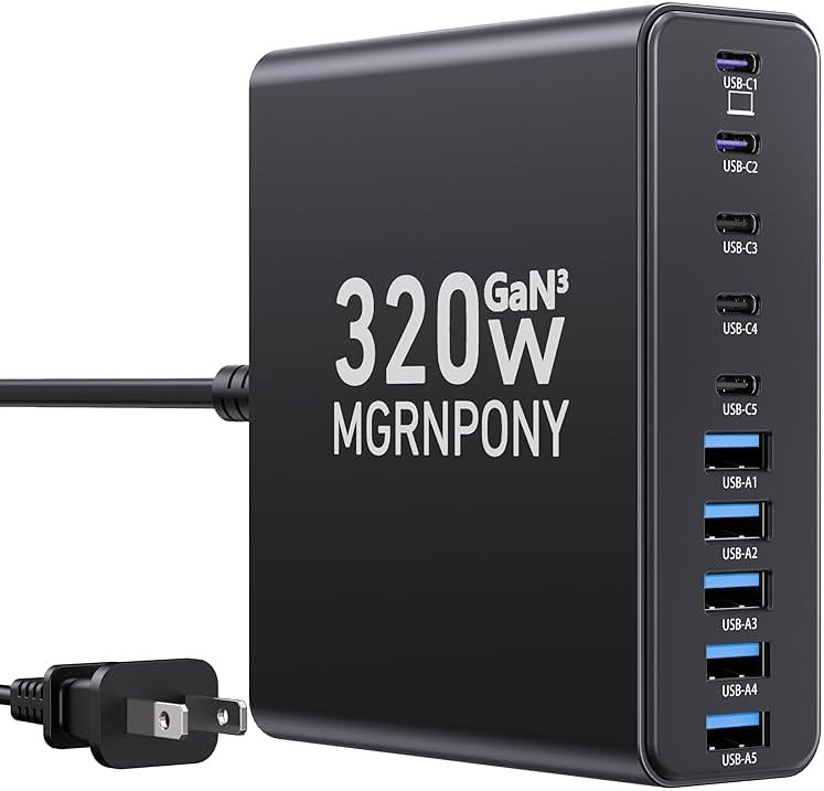 320W USB C Charger Block, 10-Port USB C Charging Station GaN III PD 65W Laptop Fast Charger Adapter for MacBook Pro/Air, DELL, iPad, iPhone, Samsung Galaxy Black - Product Image