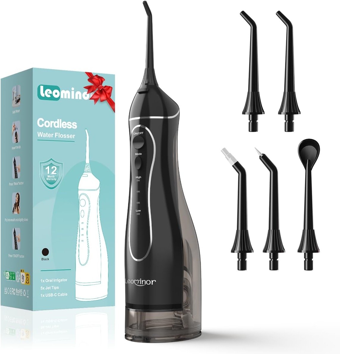 Leominor Water Flosser Pick for Teeth, 300ML Portable Oral Irrigator Upgraded Tank Removable,IPX7 Waterproof, Rechargeable Travel Teeth Cleaner, Professional Electric Flossing Machine (Black) - Product Image