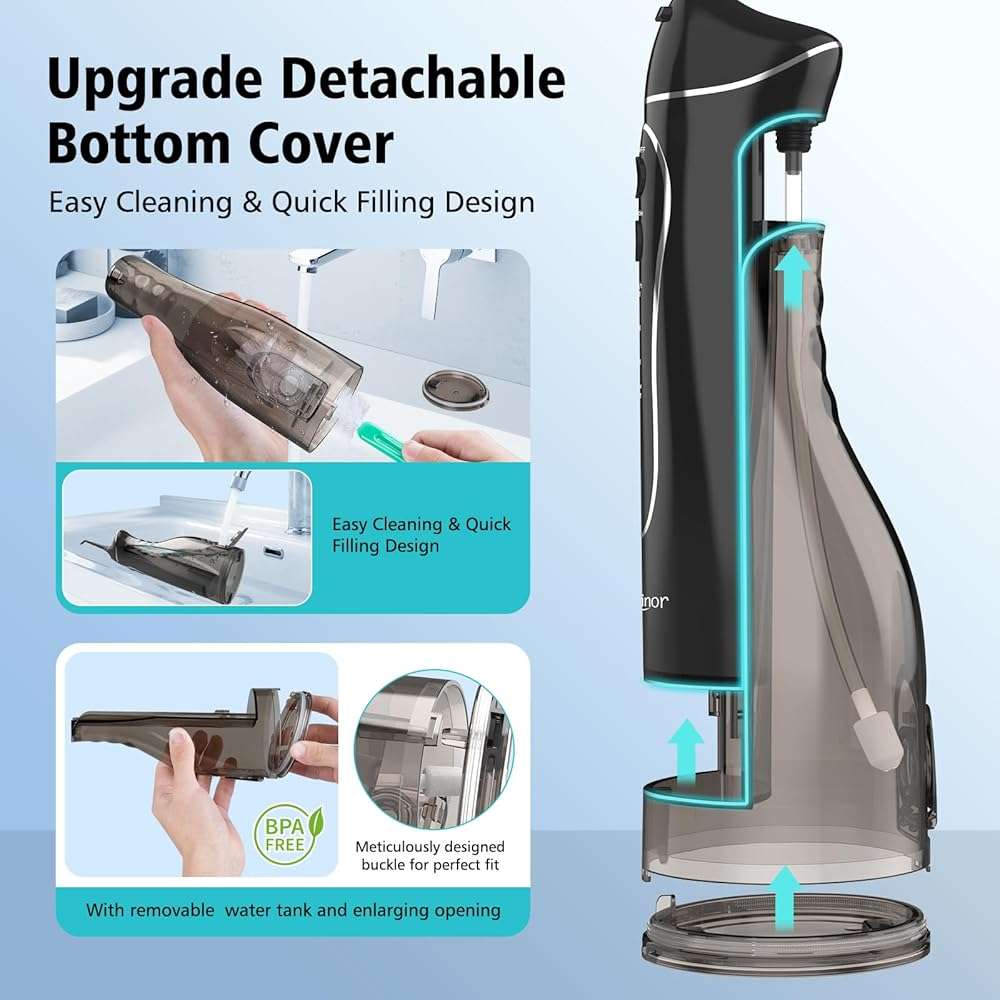 Leominor Water Flosser Pick for Teeth, 300ML Portable Oral Irrigator Upgraded Tank Removable,IPX7 Waterproof, Rechargeable Travel Teeth Cleaner, Professional Electric Flossing Machine (Black) - Image 5
