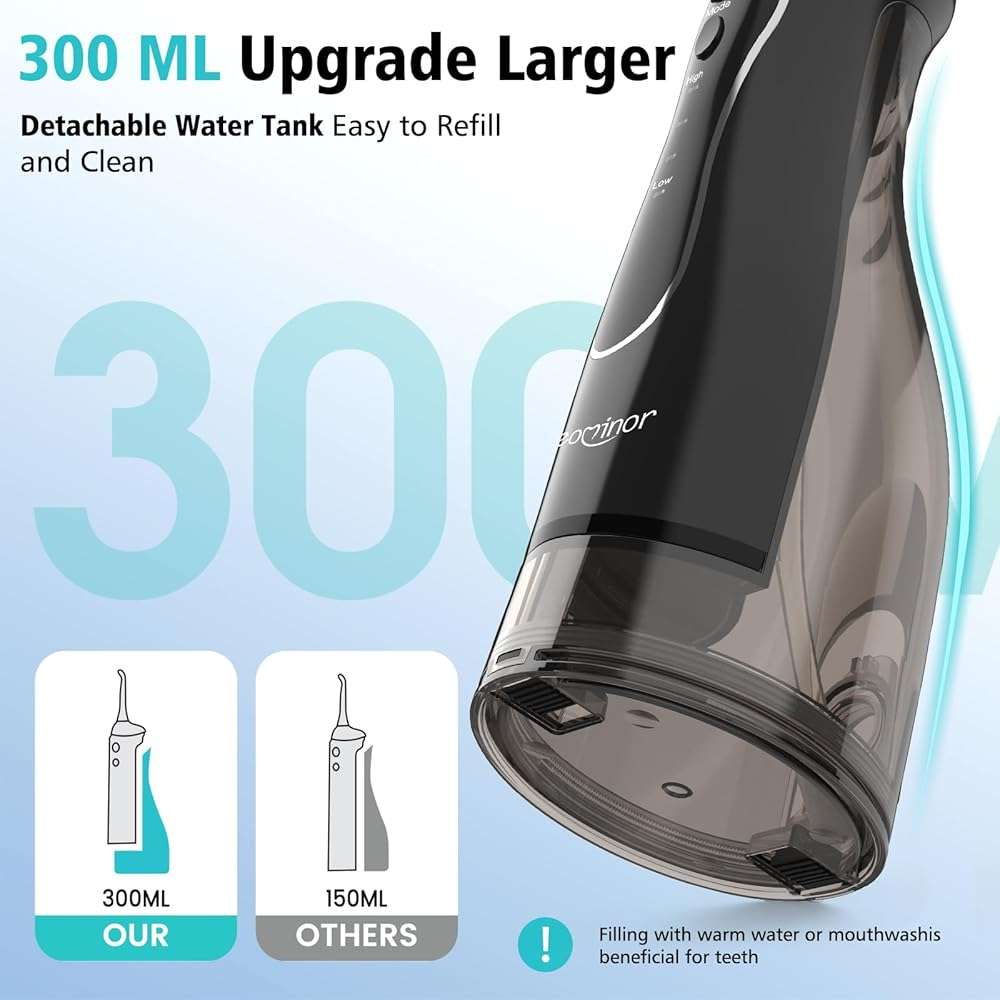 Leominor Water Flosser Pick for Teeth, 300ML Portable Oral Irrigator Upgraded Tank Removable,IPX7 Waterproof, Rechargeable Travel Teeth Cleaner, Professional Electric Flossing Machine (Black) - Image 6