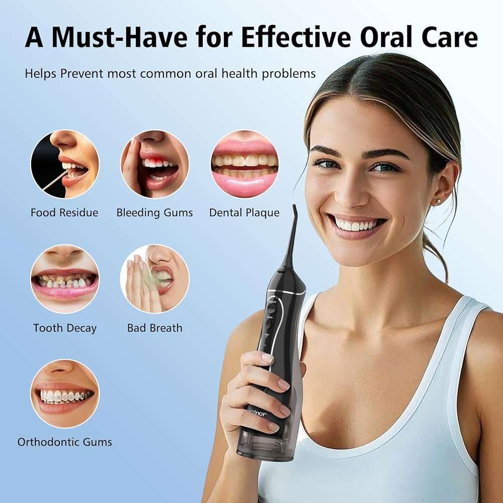 Leominor Water Flosser Pick for Teeth, 300ML Portable Oral Irrigator Upgraded Tank Removable,IPX7 Waterproof, Rechargeable Travel Teeth Cleaner, Professional Electric Flossing Machine (Black) - Image 8
