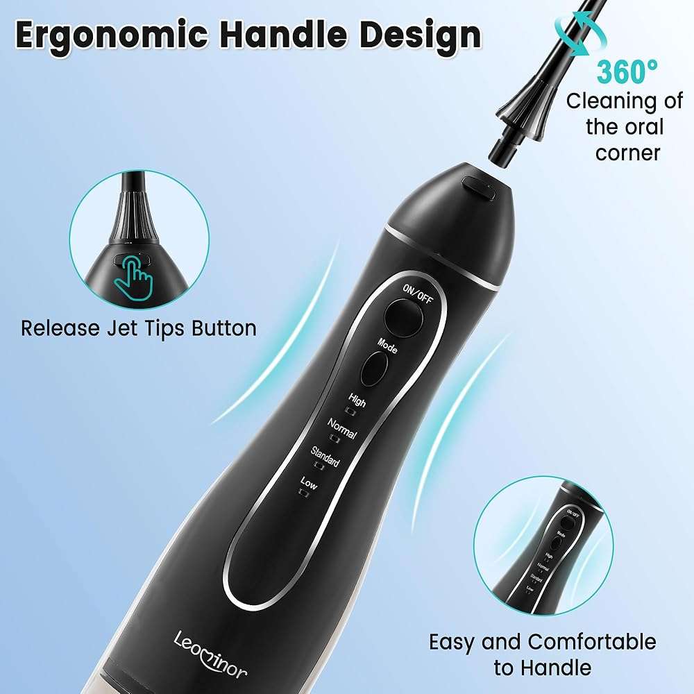 Leominor Water Flosser Pick for Teeth, 300ML Portable Oral Irrigator Upgraded Tank Removable,IPX7 Waterproof, Rechargeable Travel Teeth Cleaner, Professional Electric Flossing Machine (Black) - Image 9