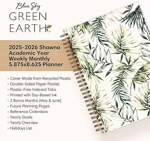 Blue Sky Sustainability 2025-2026 Weekly and Monthly Academic Year Planner Calendar, July 2025 - June 2026, 5.875" x 8.625", Flexible Cover From Recycled Plastic, Wirebound, Laminated Tabs, Storage Pocket, Shawna - Image 8