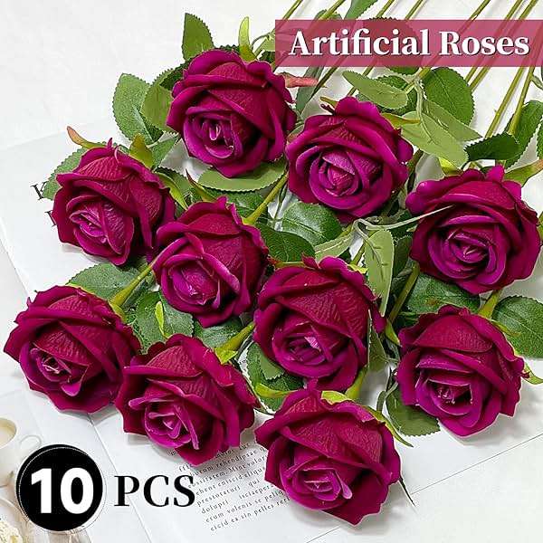 DECEED 10 PCS Artificial Roses with Long Stems Silk Flowers Realistic Foam Flowers Fake Roses for Valentine's Day Home Wedding Halloween Decor(Rose Red) - Image 2