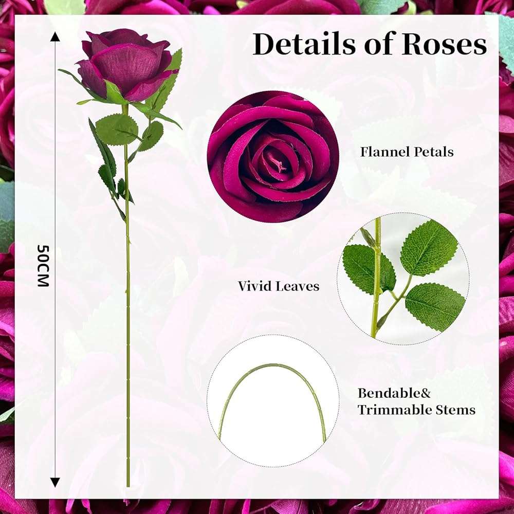 DECEED 10 PCS Artificial Roses with Long Stems Silk Flowers Realistic Foam Flowers Fake Roses for Valentine's Day Home Wedding Halloween Decor(Rose Red) - Image 3