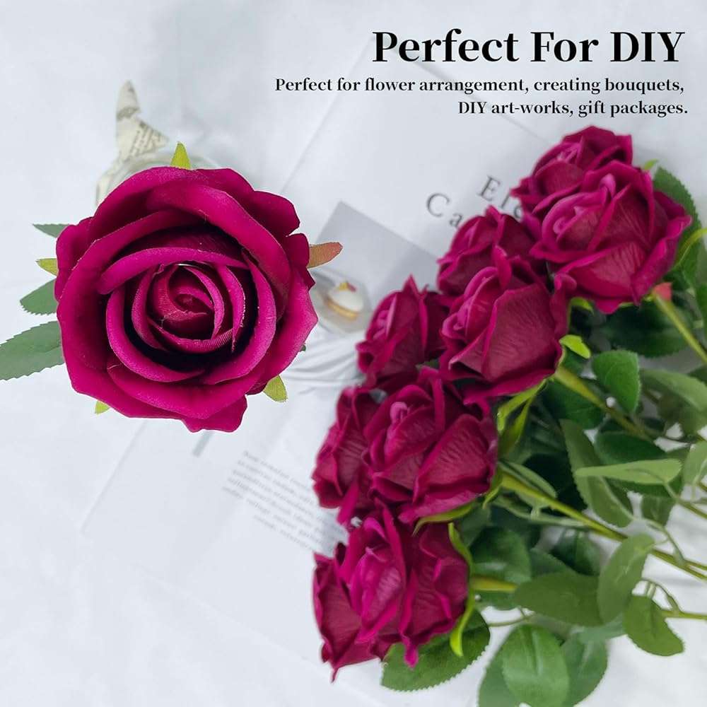 DECEED 10 PCS Artificial Roses with Long Stems Silk Flowers Realistic Foam Flowers Fake Roses for Valentine's Day Home Wedding Halloween Decor(Rose Red) - Image 5