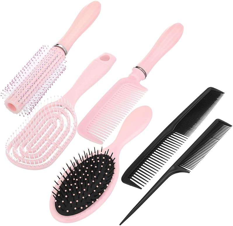 6 Pieces Detangling Styling Comb Set for Women and Men - Hair Brush for Straight, Curly, and All Hair Types(Pink) - Image 1