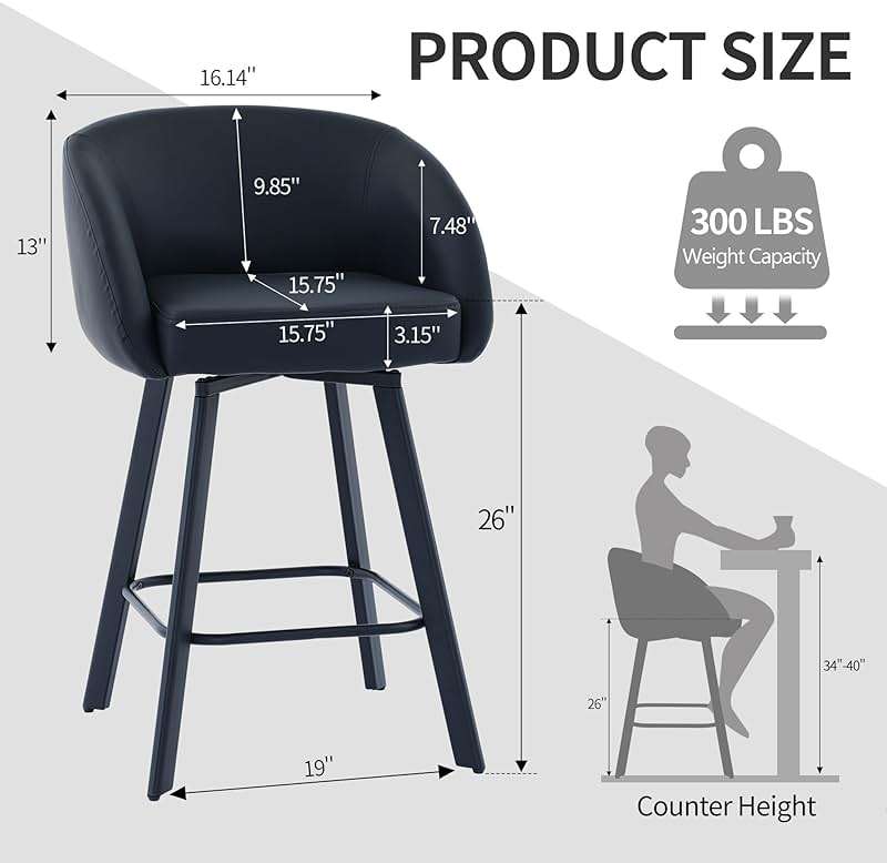 FIRAVOE Bar Stools Set of 4, 26" Swivel Bar Height Bar Stools with Back and Arms, Faux Leather Kitchen Barstools Counter Height for Kitchen Island (4PCS Black, 26 Inch) - Image 2