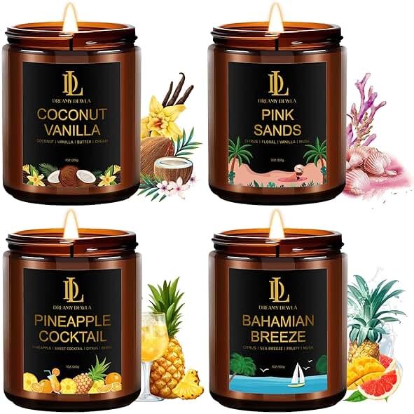 Scented Candles Set, 4 Pack Soy Candles for Home Scented, Candle Gifts for Women Men, 28oz 200 Hours Burn, Scents of Pineapple Cocktail/Coconut Vanilla/Pink Sands/Bahamian Breeze - Product Image