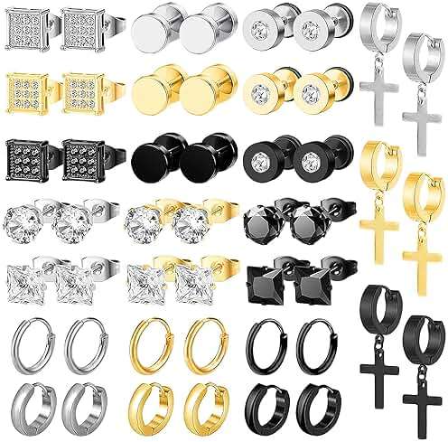 NEWITIN 24 Pairs Stainless Steel Earrings for Men Hypoallergenic Inlaid Cubic Zirconia Studs Hoop Earring Cross Dangle Earrings Unisex Punk Stud Earring for Women Men - Image 1