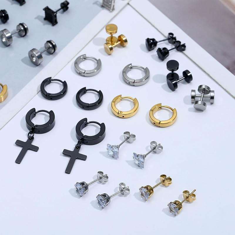 NEWITIN 24 Pairs Stainless Steel Earrings for Men Hypoallergenic Inlaid Cubic Zirconia Studs Hoop Earring Cross Dangle Earrings Unisex Punk Stud Earring for Women Men - Image 3