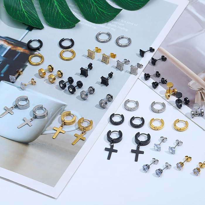 NEWITIN 24 Pairs Stainless Steel Earrings for Men Hypoallergenic Inlaid Cubic Zirconia Studs Hoop Earring Cross Dangle Earrings Unisex Punk Stud Earring for Women Men - Image 4
