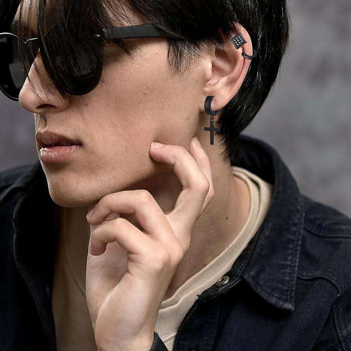 NEWITIN 24 Pairs Stainless Steel Earrings for Men Hypoallergenic Inlaid Cubic Zirconia Studs Hoop Earring Cross Dangle Earrings Unisex Punk Stud Earring for Women Men - Image 6