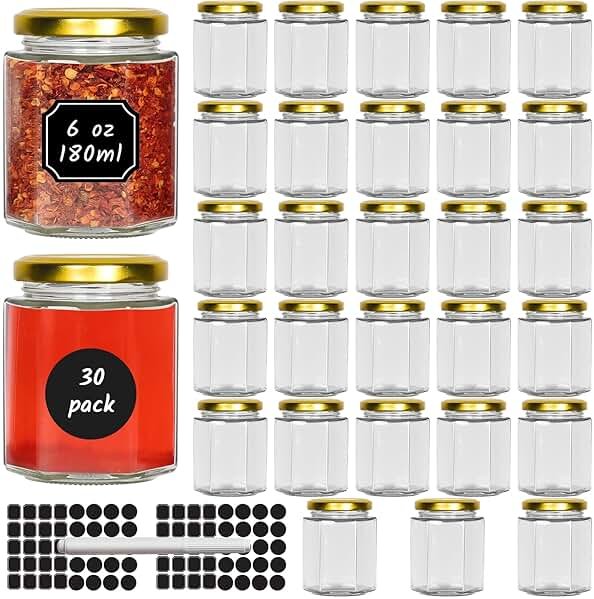 Waymind 6 oz Hexagon Glass Jars with Gold Lids, 30 Pcs Canning Jars for Jam, Honey, Jelly, Candy, Candle, Wedding Favors, Baby Shower Favors, Spice Jars Crafts with Stickers and Pen for Labeling - Product Image