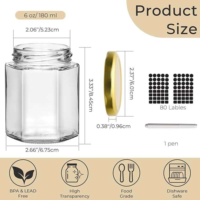 Waymind 6 oz Hexagon Glass Jars with Gold Lids, 30 Pcs Canning Jars for Jam, Honey, Jelly, Candy, Candle, Wedding Favors, Baby Shower Favors, Spice Jars Crafts with Stickers and Pen for Labeling - Image 3
