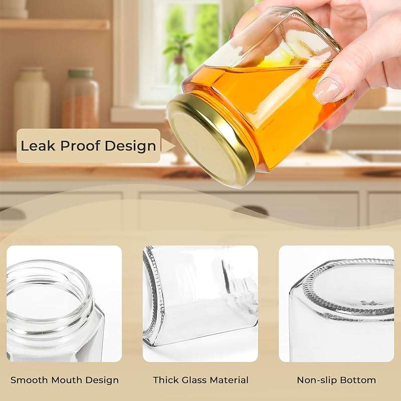 Waymind 6 oz Hexagon Glass Jars with Gold Lids, 30 Pcs Canning Jars for Jam, Honey, Jelly, Candy, Candle, Wedding Favors, Baby Shower Favors, Spice Jars Crafts with Stickers and Pen for Labeling - Image 4