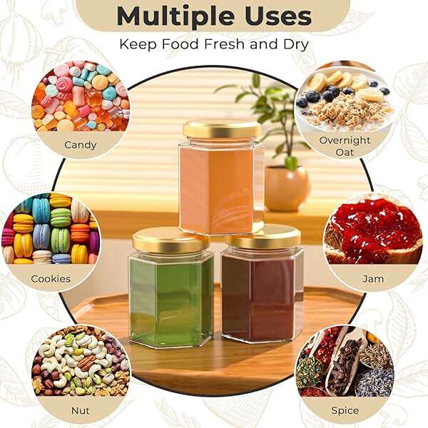 Waymind 6 oz Hexagon Glass Jars with Gold Lids, 30 Pcs Canning Jars for Jam, Honey, Jelly, Candy, Candle, Wedding Favors, Baby Shower Favors, Spice Jars Crafts with Stickers and Pen for Labeling - Image 5