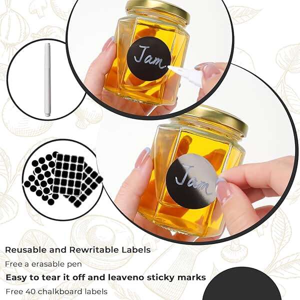 Waymind 6 oz Hexagon Glass Jars with Gold Lids, 30 Pcs Canning Jars for Jam, Honey, Jelly, Candy, Candle, Wedding Favors, Baby Shower Favors, Spice Jars Crafts with Stickers and Pen for Labeling - Image 6