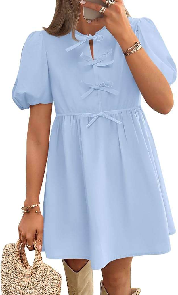 ZESICA Women's Summer Short Sleeve Tie Front Mini Dress Babydoll Ruffle Pleated A Line Vacation Graduation Short Dresses - Image 1