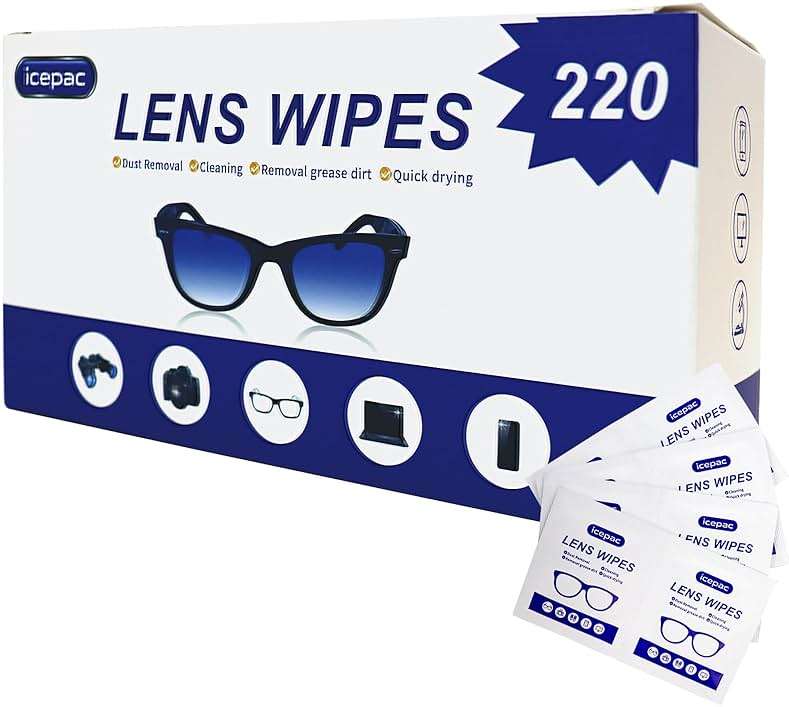 Icepac Lens Wipes for Eyeglasses - 220 Pre-Moistened Individual Wrapped Eye Glasses Cleaning Wipes | Glasses Cleaner Safely Cleans Glasses, Sunglasses, Phone Screen, Electronics & Camera Lens - Image 1