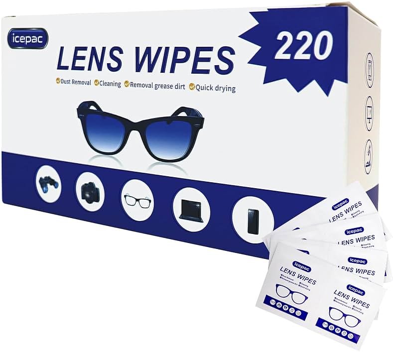 Icepac Lens Wipes for Eyeglasses - 220 Pre-Moistened Individual Wrapped Eye Glasses Cleaning Wipes | Glasses Cleaner Safely Cleans Glasses, Sunglasses, Phone Screen, Electronics & Camera Lens - Product Image