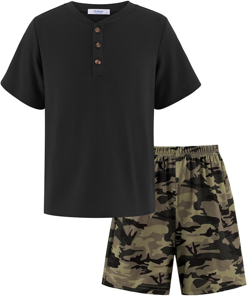 Arshiner Boy's Henley T-Shirt and Shorts Set 2 Pieces Summer Clothing Outfits 10-11 Years Green & Camo - Product Image