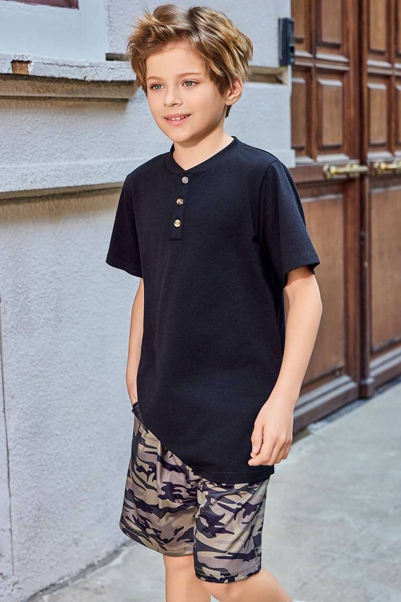 Arshiner Boy's Henley T-Shirt and Shorts Set 2 Pieces Summer Clothing Outfits 10-11 Years Green & Camo - Image 3