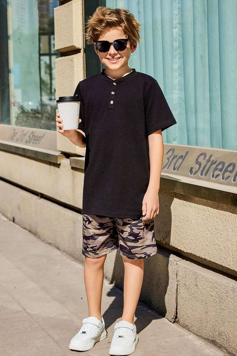 Arshiner Boy's Henley T-Shirt and Shorts Set 2 Pieces Summer Clothing Outfits 10-11 Years Green & Camo - Image 5