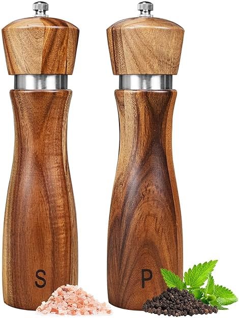 2 Pack Acacia Wood Salt and Pepper Grinder Set, Wooden Salt and Pepper Mill Set Salt and Pepper Shaker Tableware Birthday Gifts Ceramic Core-8 Inch - Product Image