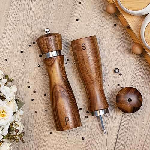 2 Pack Acacia Wood Salt and Pepper Grinder Set, Wooden Salt and Pepper Mill Set Salt and Pepper Shaker Tableware Birthday Gifts Ceramic Core-8 Inch - Image 2
