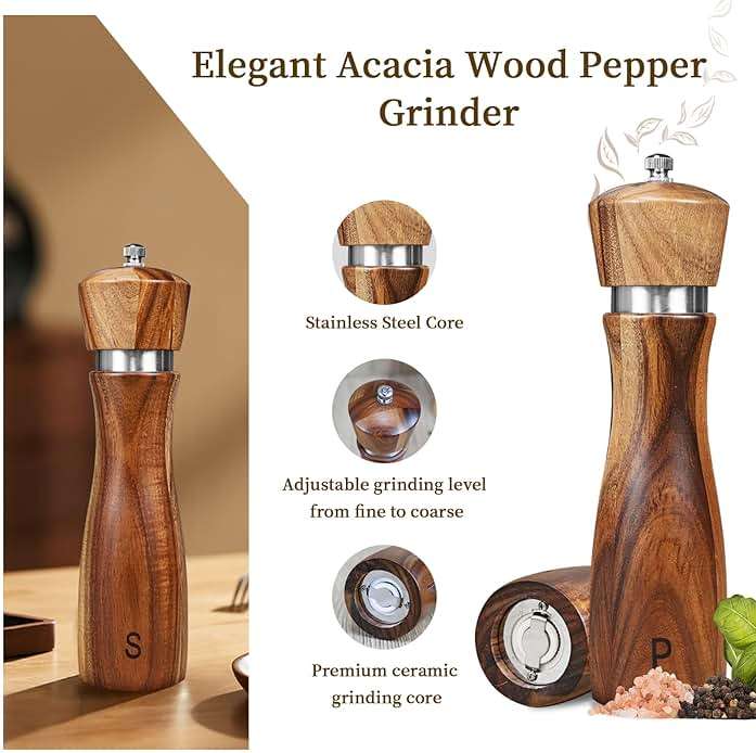 2 Pack Acacia Wood Salt and Pepper Grinder Set, Wooden Salt and Pepper Mill Set Salt and Pepper Shaker Tableware Birthday Gifts Ceramic Core-8 Inch - Image 4