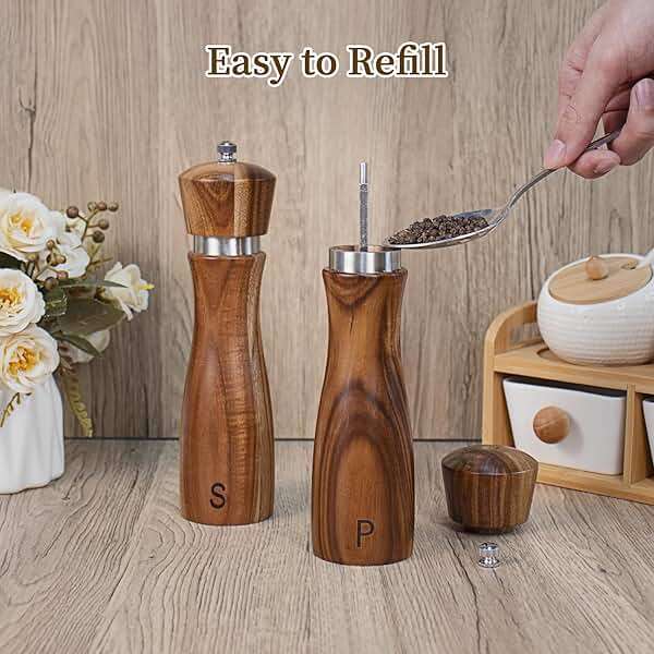 2 Pack Acacia Wood Salt and Pepper Grinder Set, Wooden Salt and Pepper Mill Set Salt and Pepper Shaker Tableware Birthday Gifts Ceramic Core-8 Inch - Image 5