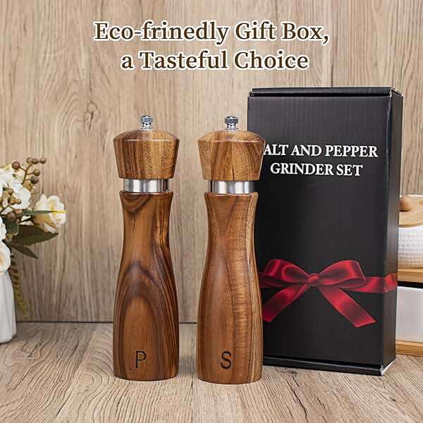2 Pack Acacia Wood Salt and Pepper Grinder Set, Wooden Salt and Pepper Mill Set Salt and Pepper Shaker Tableware Birthday Gifts Ceramic Core-8 Inch - Image 6