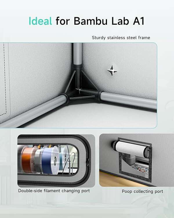 TOPCUBE 3D Printer Enclosure for Bambu Lab A1 Combo, Stainless Steel Frame Enclosure with LED Light for AMS Lite Top Mounting, Fireproof Dustproof Noise Reduction Constant Temperature 3D Printer Cover - Image 6