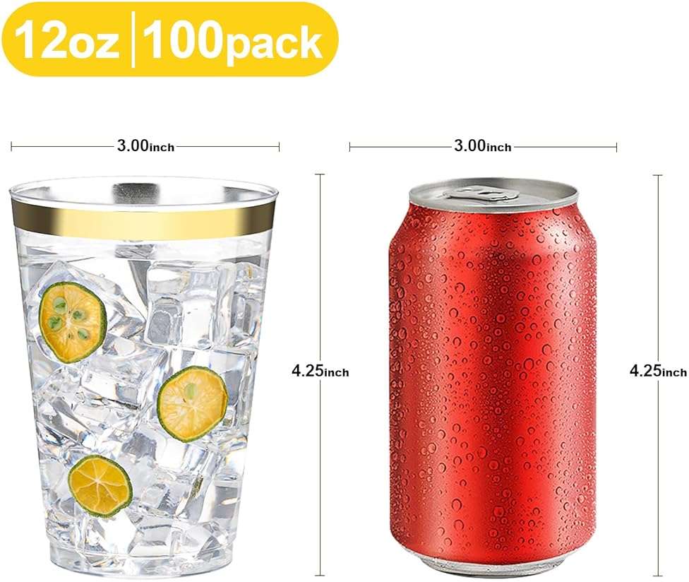 BESTVIP 12oz Gold Plastic Cups, 100 Pack Gold Rimmed Disposable Cups, Heavy-duty Party Cocktail Glasses, Plastic Cups for Party, Holiday, Christmas, Wedding and Birthday - Image 3