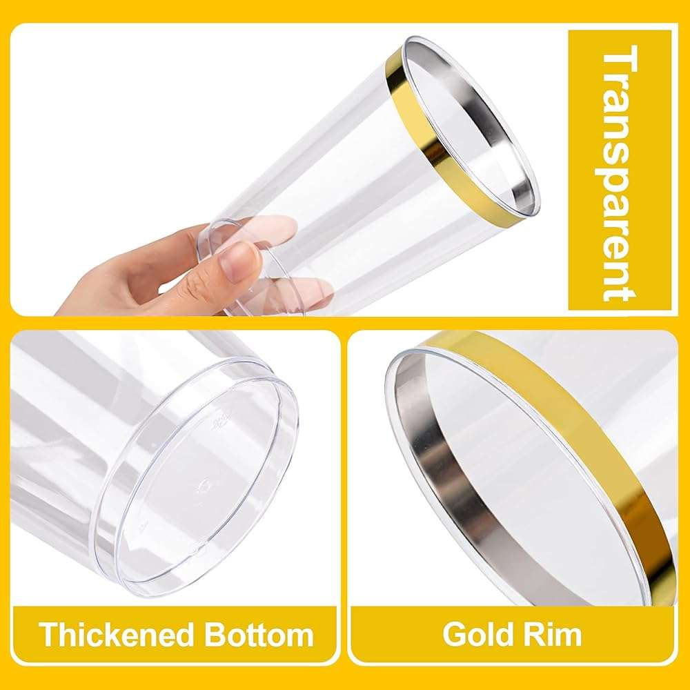 BESTVIP 12oz Gold Plastic Cups, 100 Pack Gold Rimmed Disposable Cups, Heavy-duty Party Cocktail Glasses, Plastic Cups for Party, Holiday, Christmas, Wedding and Birthday - Image 4
