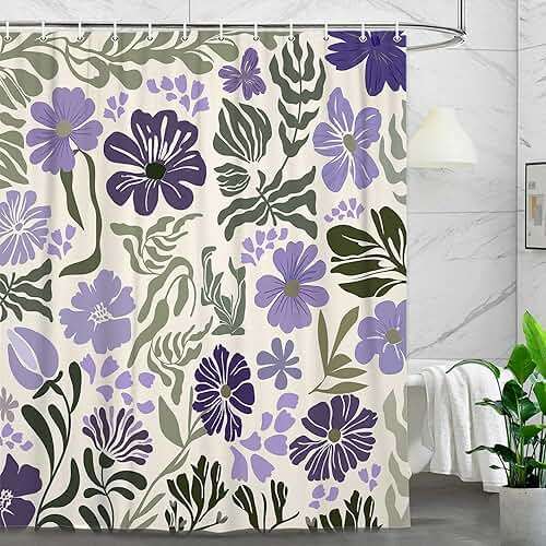 Boho Floral Botanical Shower Curtain, Cute Purple Abstract Mid Century Morden Flowers Leaves Plant Bathroom Curtain, Spring Summer Retro Funky Aesthetic Bathroom Decor Shower Cutain Sets, 70X70IN - Image 1