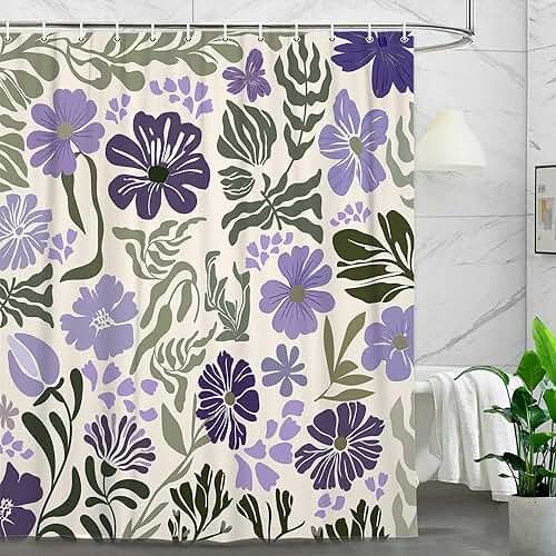 Boho Floral Botanical Shower Curtain, Cute Purple Abstract Mid Century Morden Flowers Leaves Plant Bathroom Curtain, Spring Summer Retro Funky Aesthetic Bathroom Decor Shower Cutain Sets, 70X70IN - Product Image