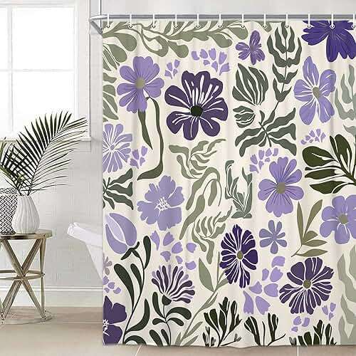 Boho Floral Botanical Shower Curtain, Cute Purple Abstract Mid Century Morden Flowers Leaves Plant Bathroom Curtain, Spring Summer Retro Funky Aesthetic Bathroom Decor Shower Cutain Sets, 70X70IN - Image 2