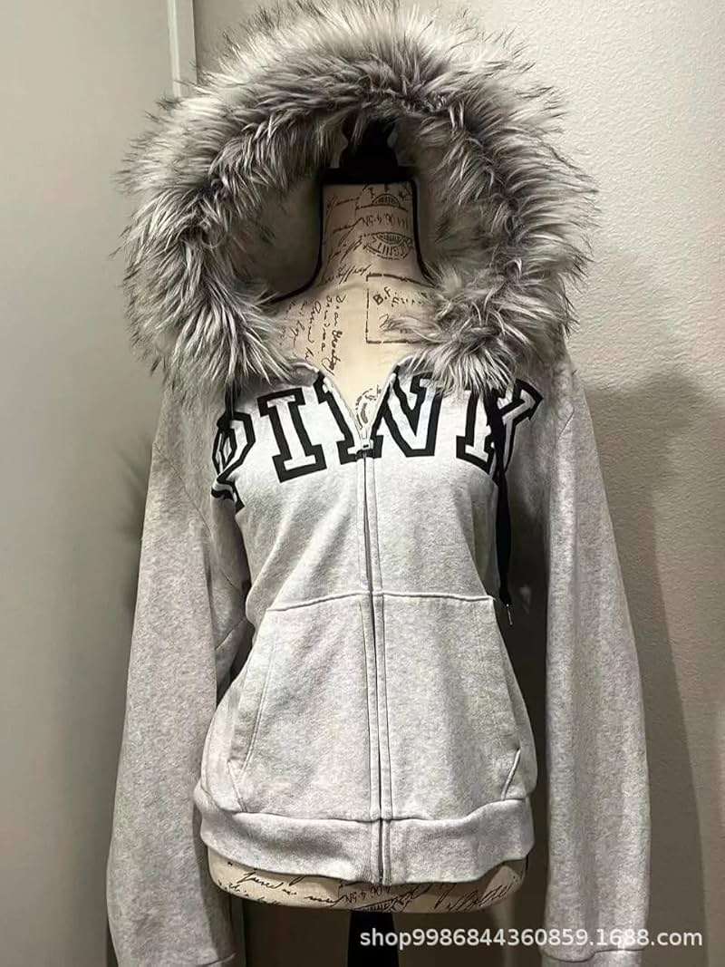 OANTGM Y2k Zip Up Hoodie Fur Jackets Emo Grunge Crop Winter Coats Teen Streetwear 2000s Vintage - Image 3
