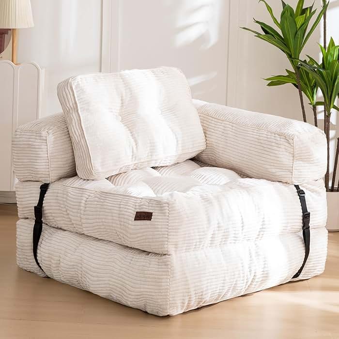 MAXYOYO Folding Sofa Bed, L-Shaped Convertible Sofa Foldable Sleeper Couch with Pillow, Portable Fold Out Chair Bed with Armrest Comfy Floor Lounge for Living Room Bedroom, Beige - Product Image