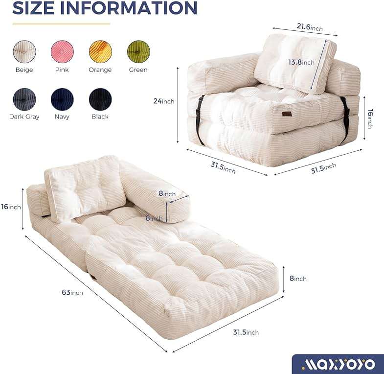 MAXYOYO Folding Sofa Bed, L-Shaped Convertible Sofa Foldable Sleeper Couch with Pillow, Portable Fold Out Chair Bed with Armrest Comfy Floor Lounge for Living Room Bedroom, Beige - Image 2