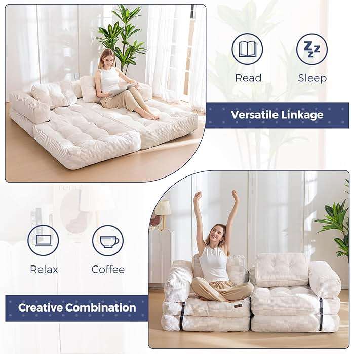 MAXYOYO Folding Sofa Bed, L-Shaped Convertible Sofa Foldable Sleeper Couch with Pillow, Portable Fold Out Chair Bed with Armrest Comfy Floor Lounge for Living Room Bedroom, Beige - Image 7