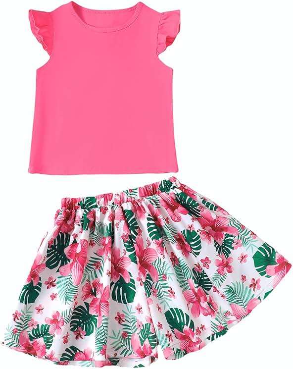 YOURUIKEY Tween Girl Summer Outfits Kid Clothes Cap Sleeve T-Shirt Wide Leg Hawaiian Beach Shorts Holiday Clothing Set 8-12 - Image 1