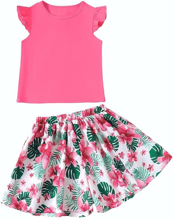 YOURUIKEY Tween Girl Summer Outfits Kid Clothes Cap Sleeve T-Shirt Wide Leg Hawaiian Beach Shorts Holiday Clothing Set 8-12 - Product Image
