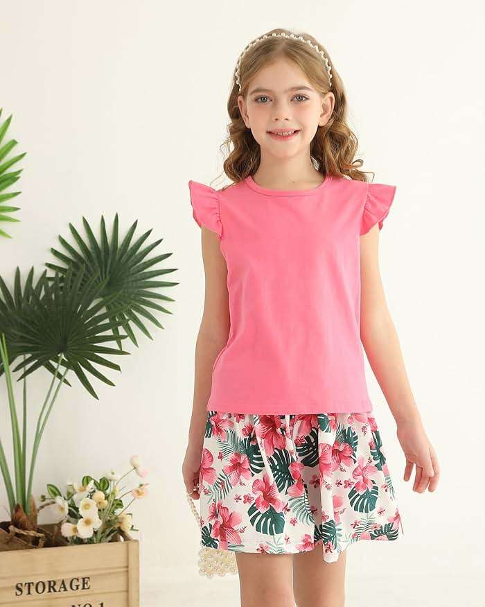 YOURUIKEY Tween Girl Summer Outfits Kid Clothes Cap Sleeve T-Shirt Wide Leg Hawaiian Beach Shorts Holiday Clothing Set 8-12 - Image 2