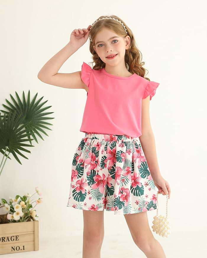 YOURUIKEY Tween Girl Summer Outfits Kid Clothes Cap Sleeve T-Shirt Wide Leg Hawaiian Beach Shorts Holiday Clothing Set 8-12 - Image 3