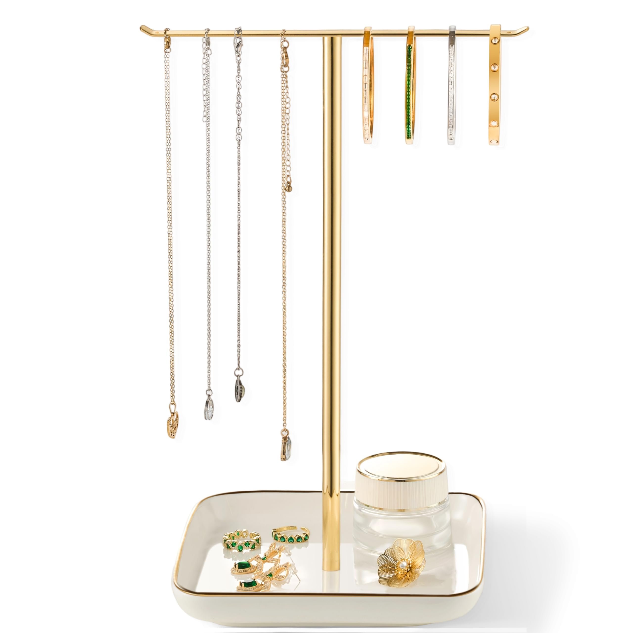 pickpiff Necklace Holder Stand with Ceramic Base: 12" Jewelry Tree Display Organizer for Necklaces, Bracelets, Rings, Earrings, Tall Gold Stand for Women, Aesthetic Room Décor, Gold and White - Product Image