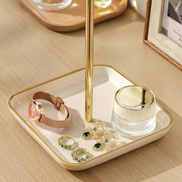 pickpiff Necklace Holder Stand with Ceramic Base: 12" Jewelry Tree Display Organizer for Necklaces, Bracelets, Rings, Earrings, Tall Gold Stand for Women, Aesthetic Room Décor, Gold and White - Image 2